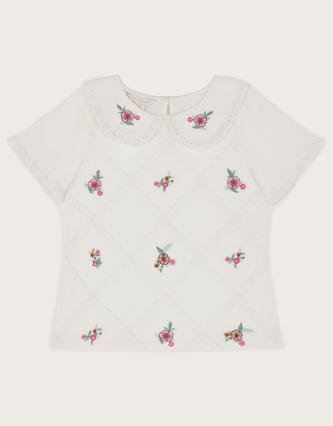 Floral Embroidered Collar T-Shirt, Ivory (IVORY), large