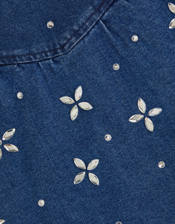 Jewel Flower Denim Skirt, Blue (BLUE), large