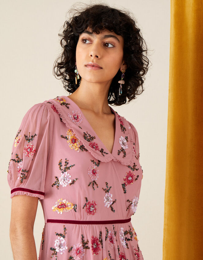 Charlotte Embellished Midi Dress in Recycled Fabric, Pink (PINK), large