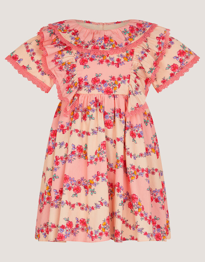 Baby Floral Lace Trim Frill Dress, Pink (PINK), large