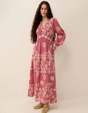 East Kris Hand-Batik Floral Print V-Neck Maxi Dress, Pink (DUSKY PINK), large