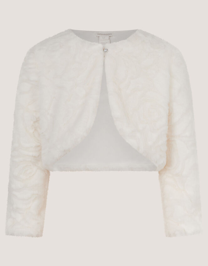 Rose Textured Faux Fur Cardigan, Ivory (IVORY), large
