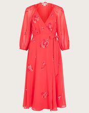 Tammy Embellished Wrap Midi Dress, Orange (CORAL), large