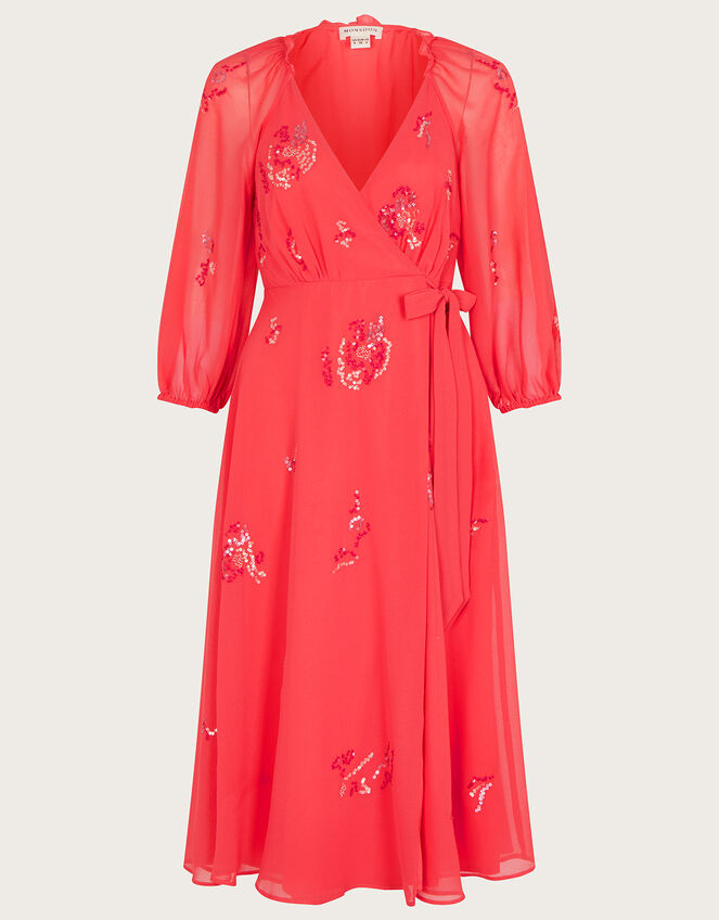 Tammy Embellished Wrap Midi Dress, Orange (CORAL), large