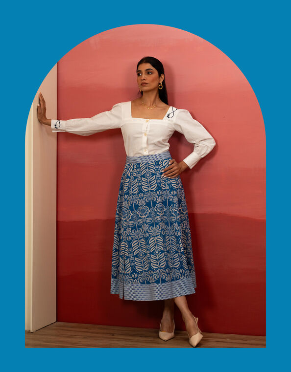 India & Mills Amanda Tropic Midi Skirt, Blue (BLUE), large