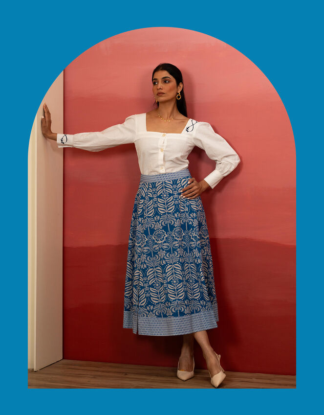 India & Mills Amanda Tropic Midi Skirt, Blue (BLUE), large