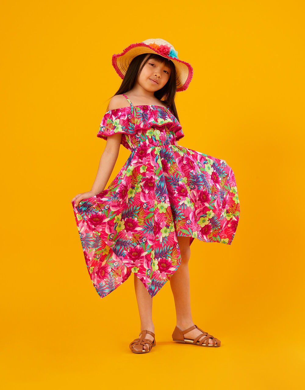 Children Girls 3-12yrs | Tropical Floral Hanky Hem Dress Red - FX65407