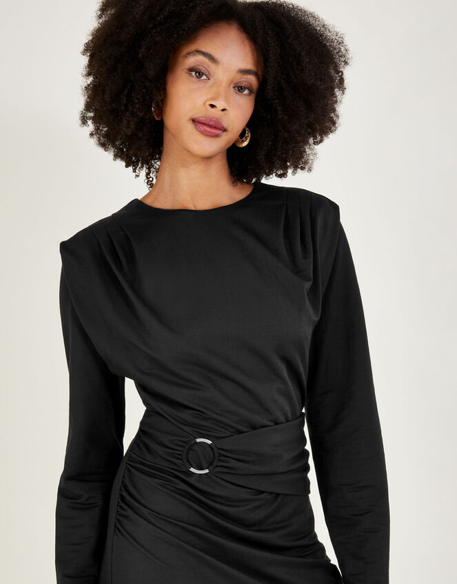 Belted Ring Detail Jersey Dress, Black (BLACK), large