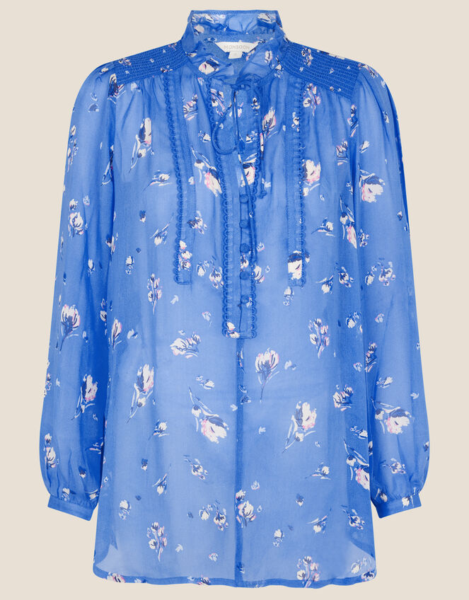 Floral Tie Neck Blouse, Blue (BLUE), large