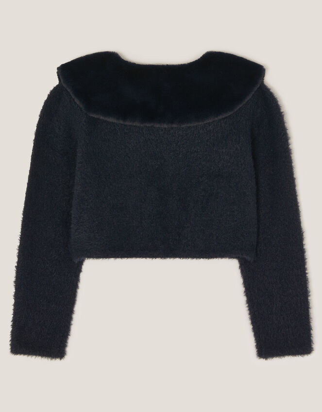Faux Fur Collar Cardigan, Blue (NAVY), large