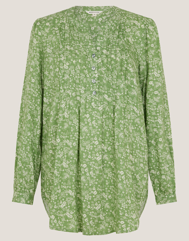 Tortie Floral Pintuck Blouse, Green (GREEN), large