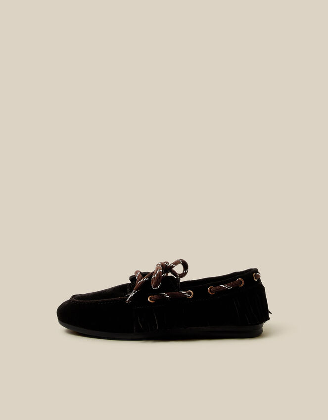 Alba Fringe Suede Moccasin Loafers, Black (BLACK), large