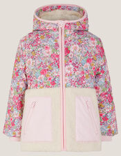 Floral Faux Shearling Hooded Jacket, Pink (PINK), large