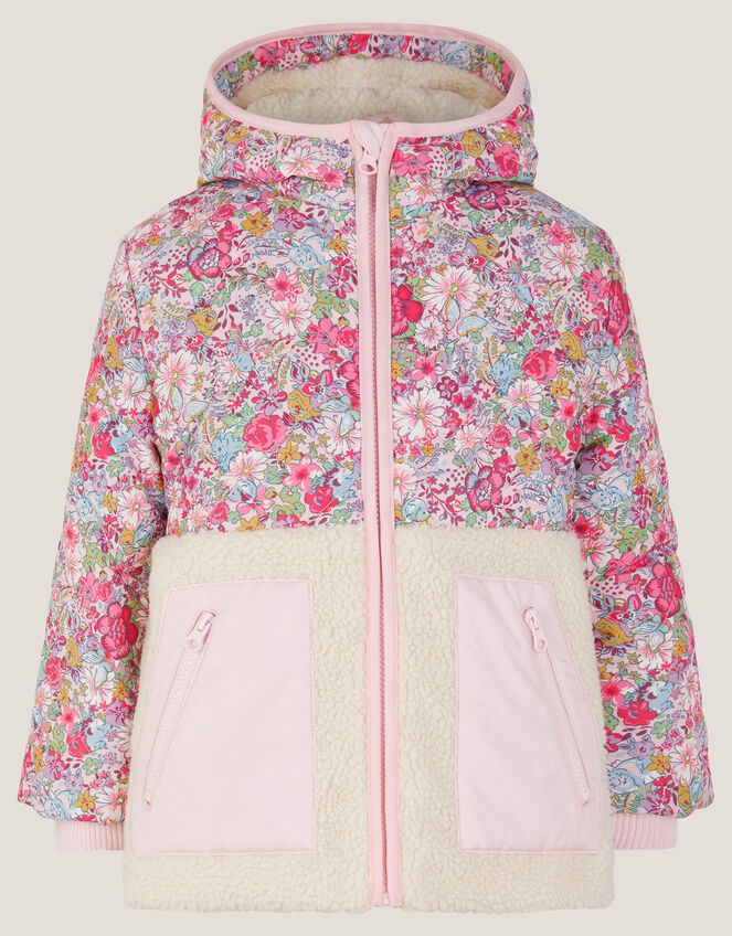Floral Faux Shearling Hooded Jacket, Pink (PINK), large