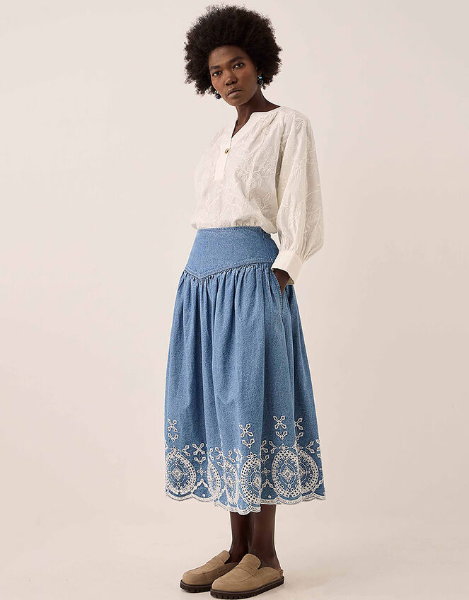 East Coralie Denim Broderie Skirt, Blue (BLUE), large