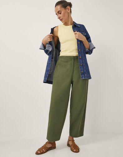 Joanie Linen Blend Barrel Trousers, Green (KHAKI), large