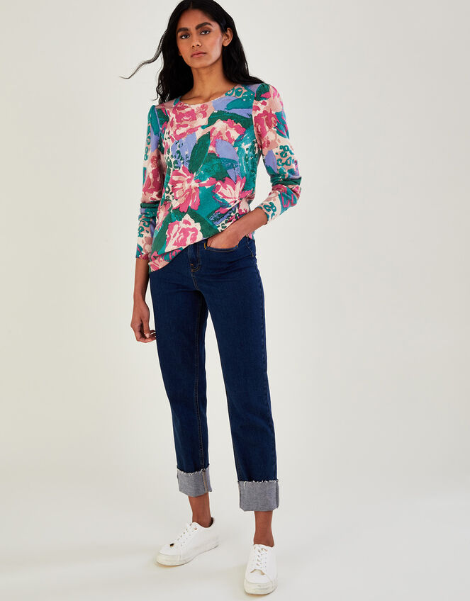 Floral Print Scallop Slash Neck Jumper, Pink (PINK), large