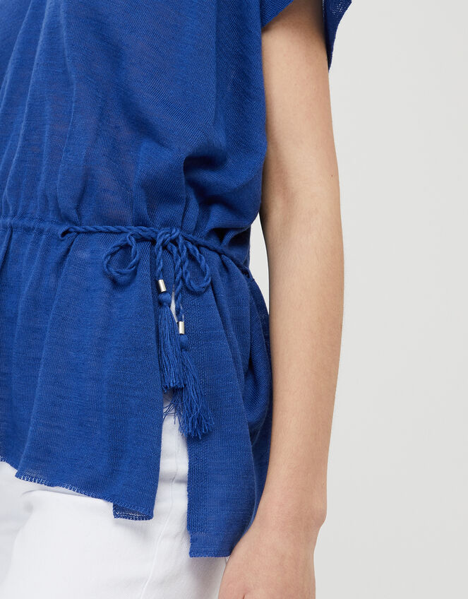 Demi Tassel Drawstring Top in Linen Blend, Blue (BLUE), large