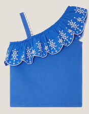 Embroidered Frill One Shoulder Top, Blue (BLUE), large