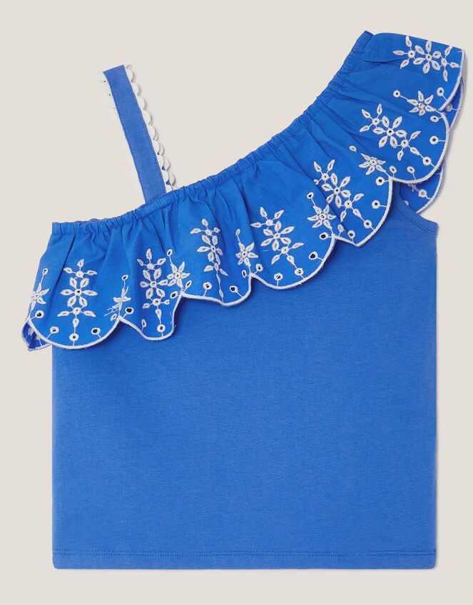 Embroidered Frill One Shoulder Top, Blue (BLUE), large