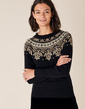 Embellished Fair Isle Knit Jumper, Black (BLACK), large
