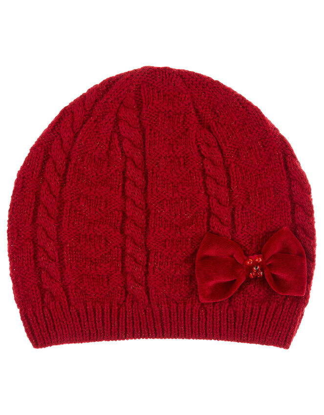 Ruby Bow Cable Knit Beanie, Red (RED), large