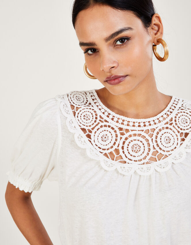 Crochet Frill Sleeve Top in Linen Blend, Ivory (IVORY), large