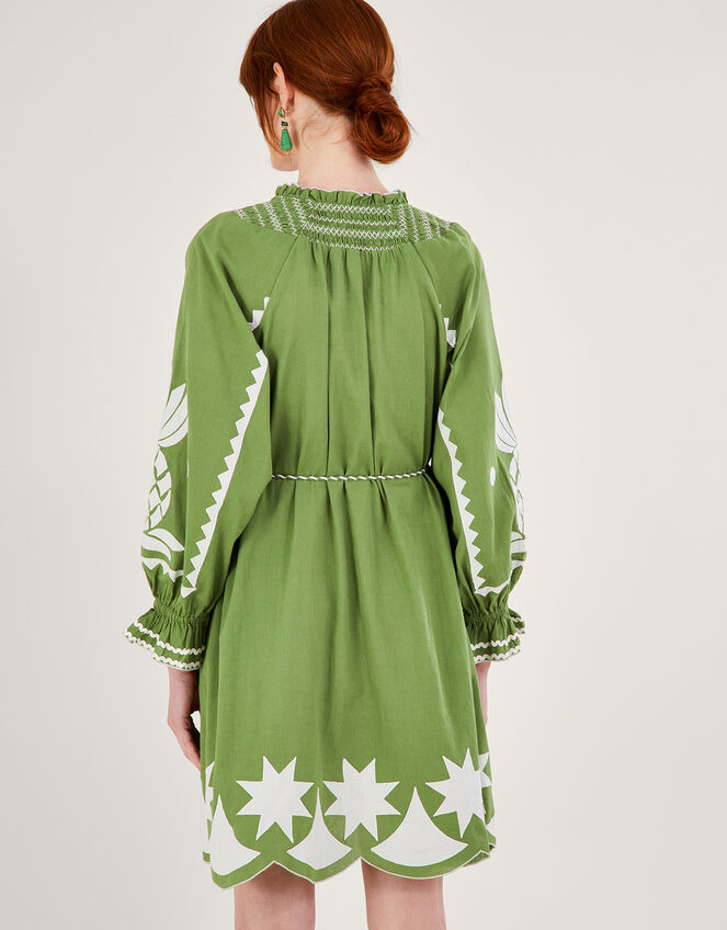 Embroidered Pineapple Applique Dress in Linen Blend, Green (GREEN), large