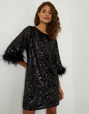 Fie Feather Sequin Tunic Dress, Black (BLACK), large