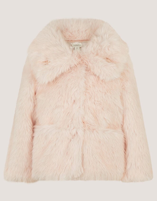 Butterfly Embellished Faux Fur Coat, Pink (PINK), large