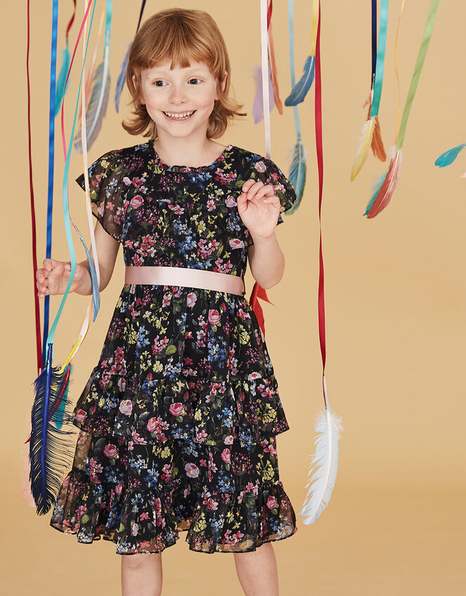 Botanical Print Chiffon Dress, Black (BLACK), large