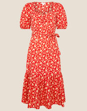 Floral Print Tiered Midi Dress , Red (RED), large