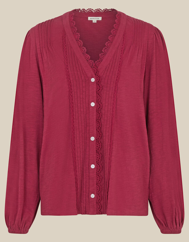 Jenny Pintuck Lace Jersey Blouse, Red (BURGUNDY), large