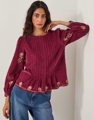 Mia Embroidered Corduroy Blouse, Red (CHERRY), large