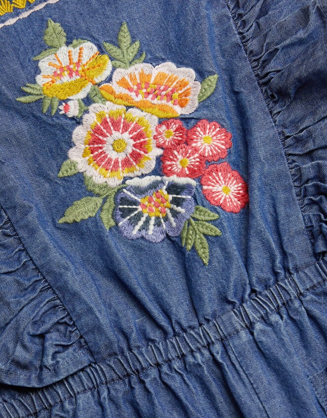 Floral Embroidered Denim Jumpsuit, Blue (BLUE), large