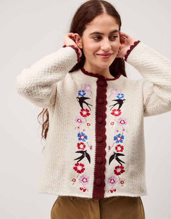 Etta Floral Embroidered Scallop Cardigan, Ivory (IVORY), large