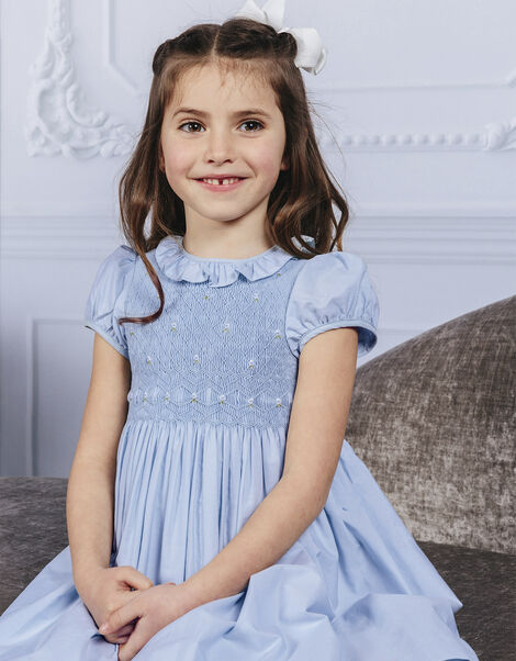 Trotters Willow Rose Hand Smocked Dress Blue, Blue (CORNFLOWER), large