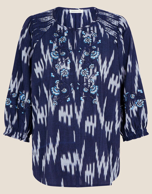 Premium Ikat Print Embroidered Top, Blue (NAVY), large