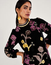 Terry Velvet Applique Tunic Dress, Black (BLACK), large