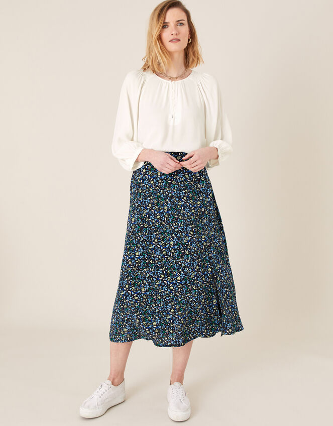 Ditsy Print Midi Skirt in Sustainable Viscose, Black (BLACK), large
