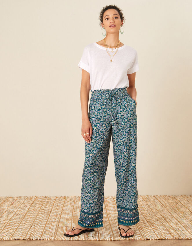 Rita Printed Wide Leg Trousers, Teal (TEAL), large