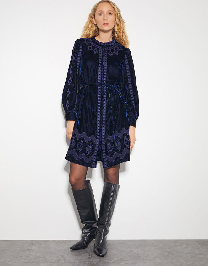 Ivy Embroidered Velvet Mini Dress, Blue (NAVY), large