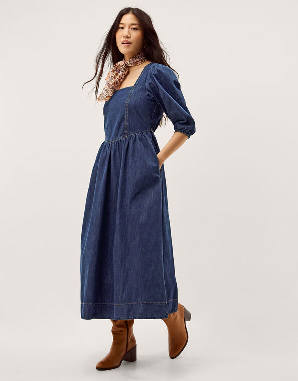 Lily Square Neck Denim Midi Dress, Blue (INDIGO), large