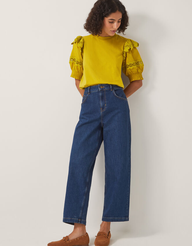 Fay Broderie Puff Sleeve Jersey Top, Yellow (YELLOW), large