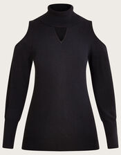Cold-Shoulder Roll Neck Jumper, Black (BLACK), large