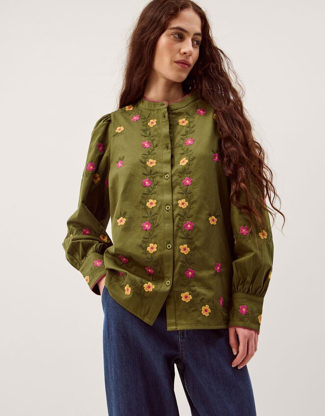 Andrea Floral Embroidered Blouse, Green (KHAKI), large