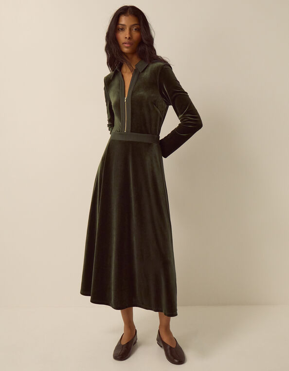 Zeyna Zip Velvet Midi Dress, Green (OLIVE), large