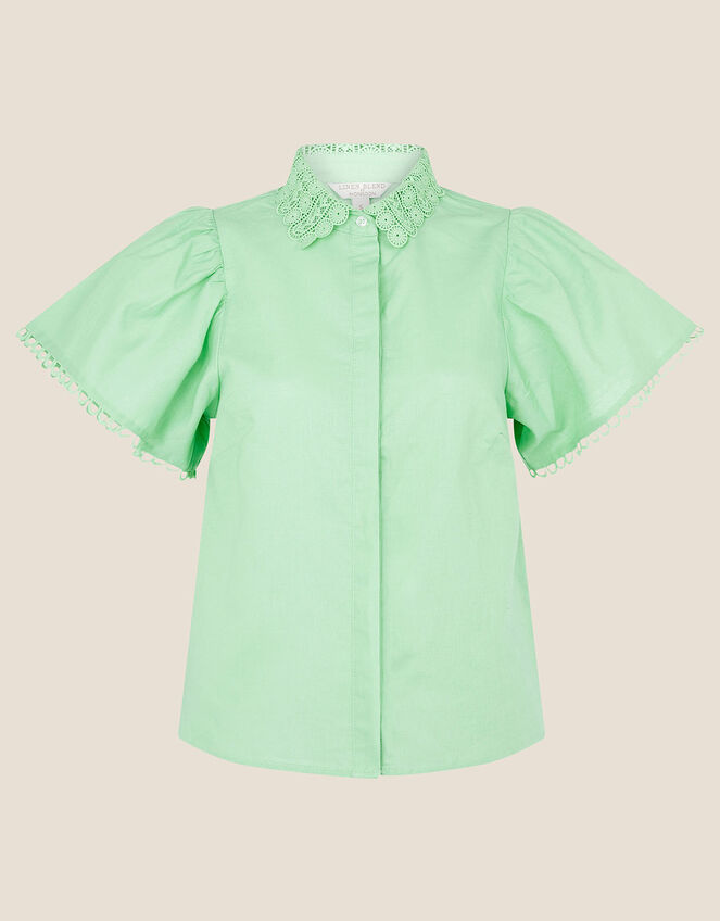 Lace Collar Shirt in Linen Blend, Green (GREEN), large