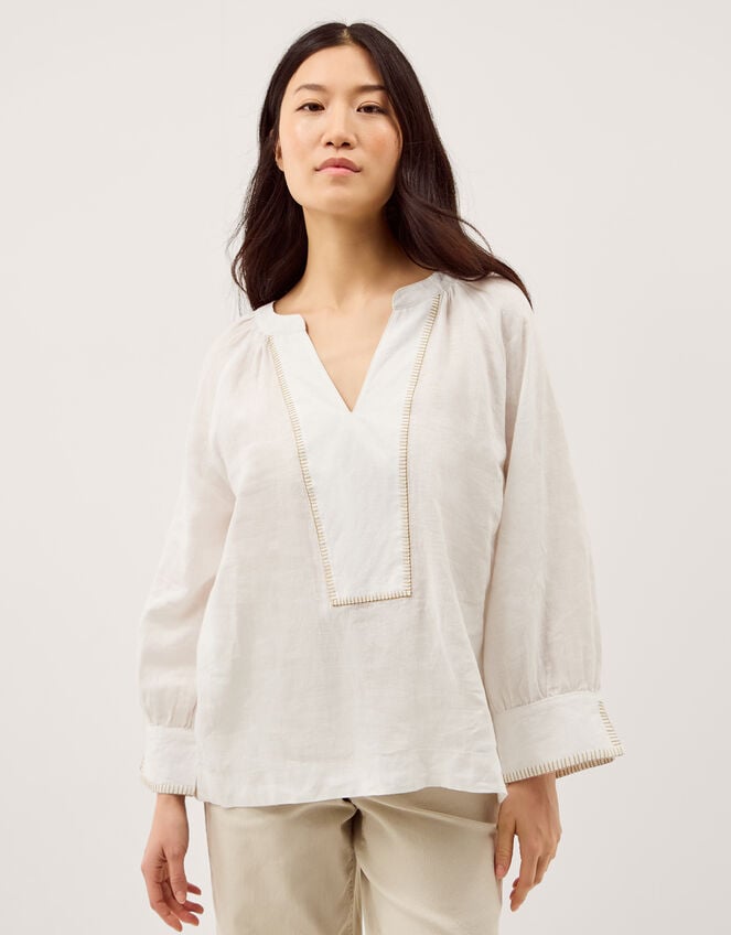 Frida V-Neck Linen Blouse, White (WHITE), large