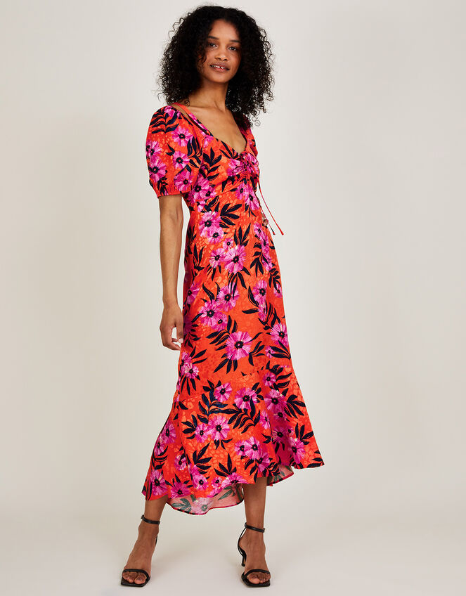 Kerry Satin Jacquard Floral Print Dress Orange
